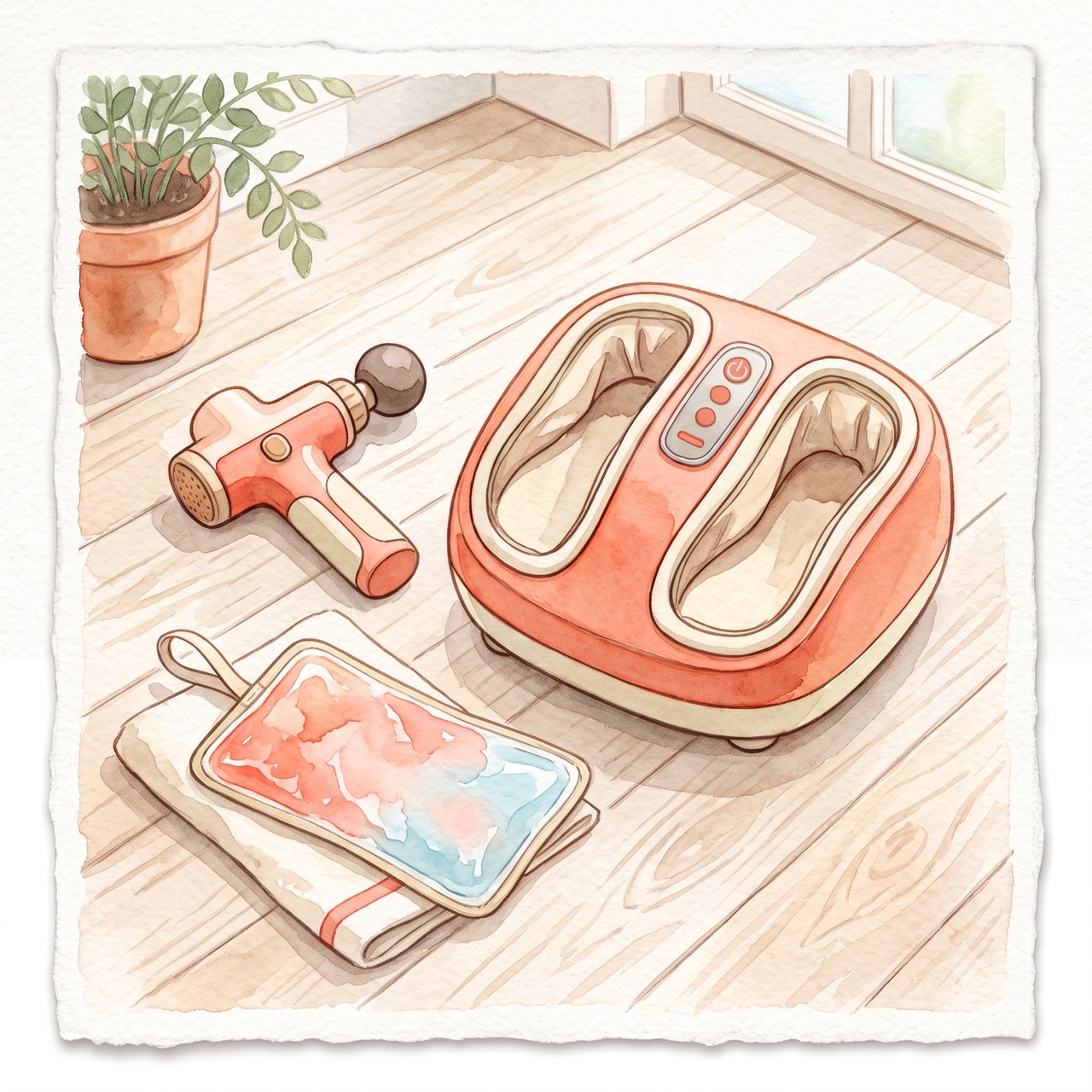 マッサージガン・フットマッサージャー・温冷グッズの水彩イラスト