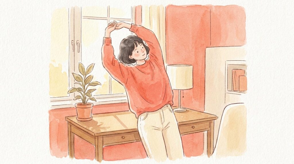 デスクで立ち上がり伸びをする水彩イラスト
