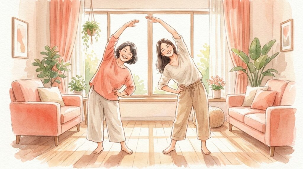 家族で一緒に軽くストレッチする水彩イラスト