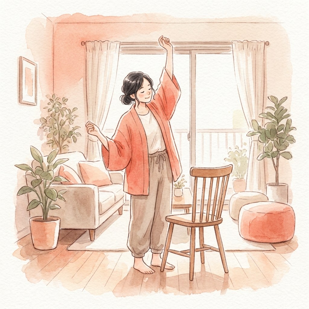 家で椅子から立ち上がって伸びをする水彩イラスト