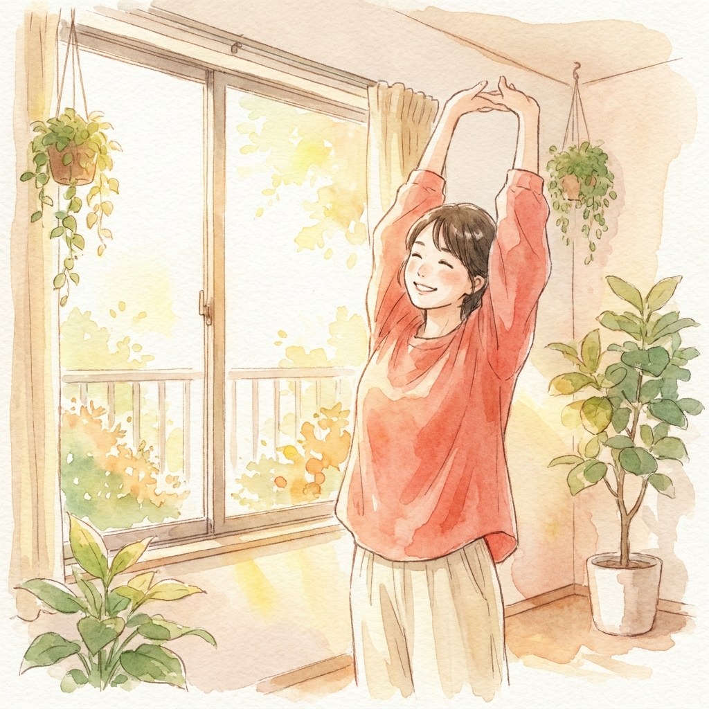 窓辺で朝の伸びをする水彩イラスト