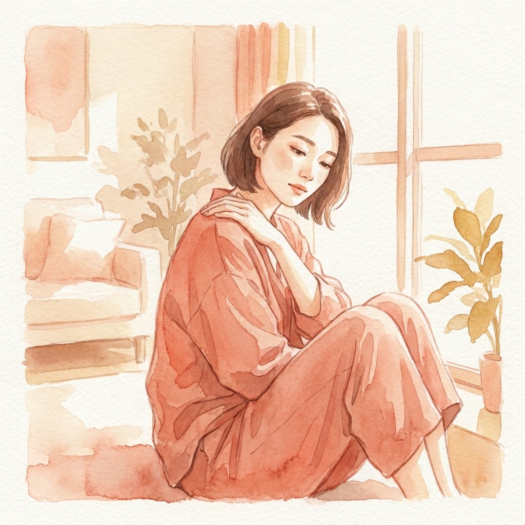 自分の肩に手を当てて不調に気づく水彩イラスト