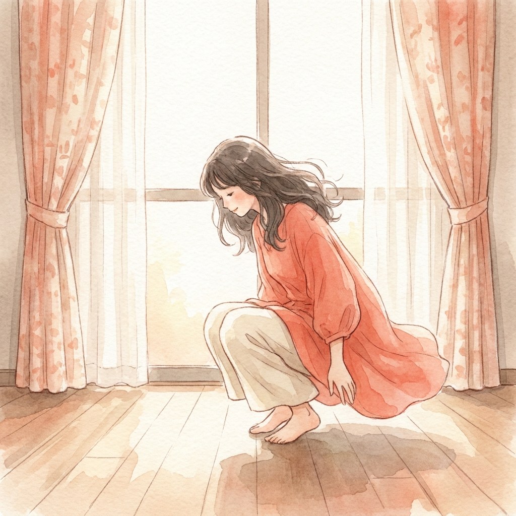 膝を軽く曲げてやわらかく着地する水彩イラスト