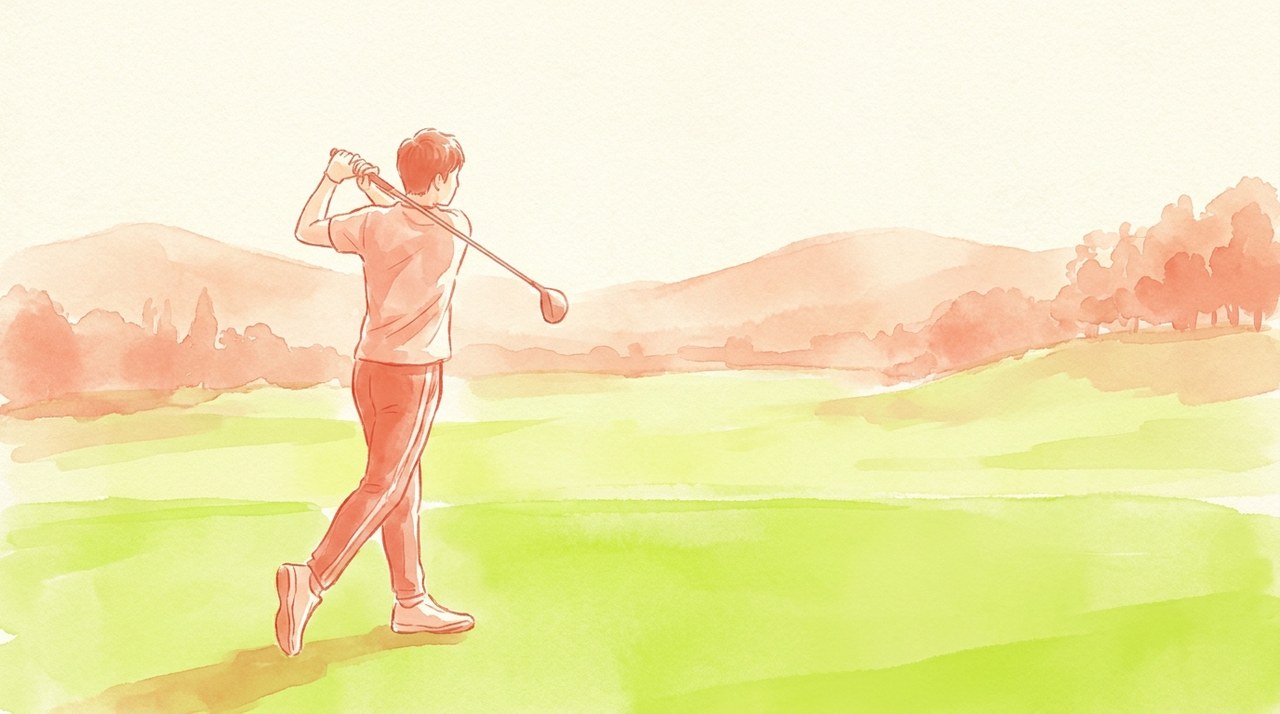 スポーツウェアでゴルフスイングをする人の水彩イラスト