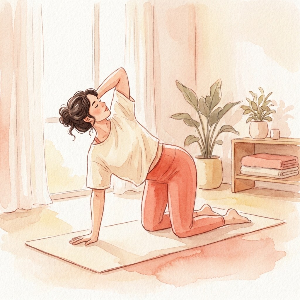 四つ這いで胸を開く胸椎回旋ストレッチの水彩イラスト