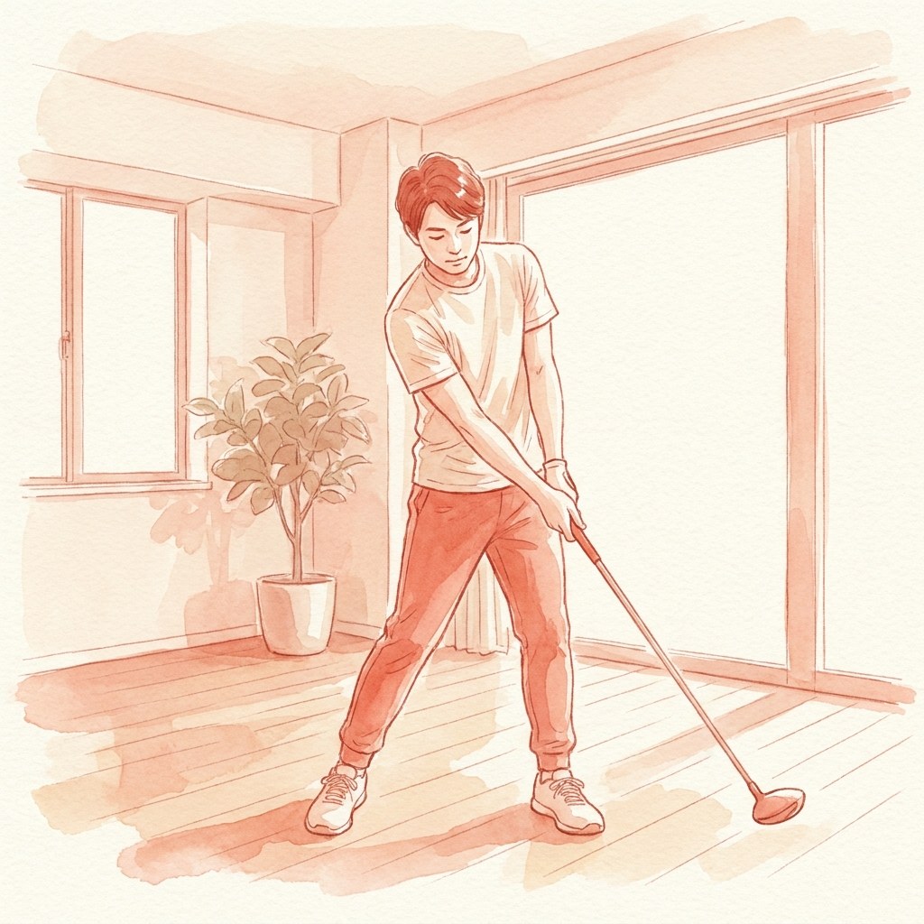 スポーツウェアでゆっくり素振りをする水彩イラスト