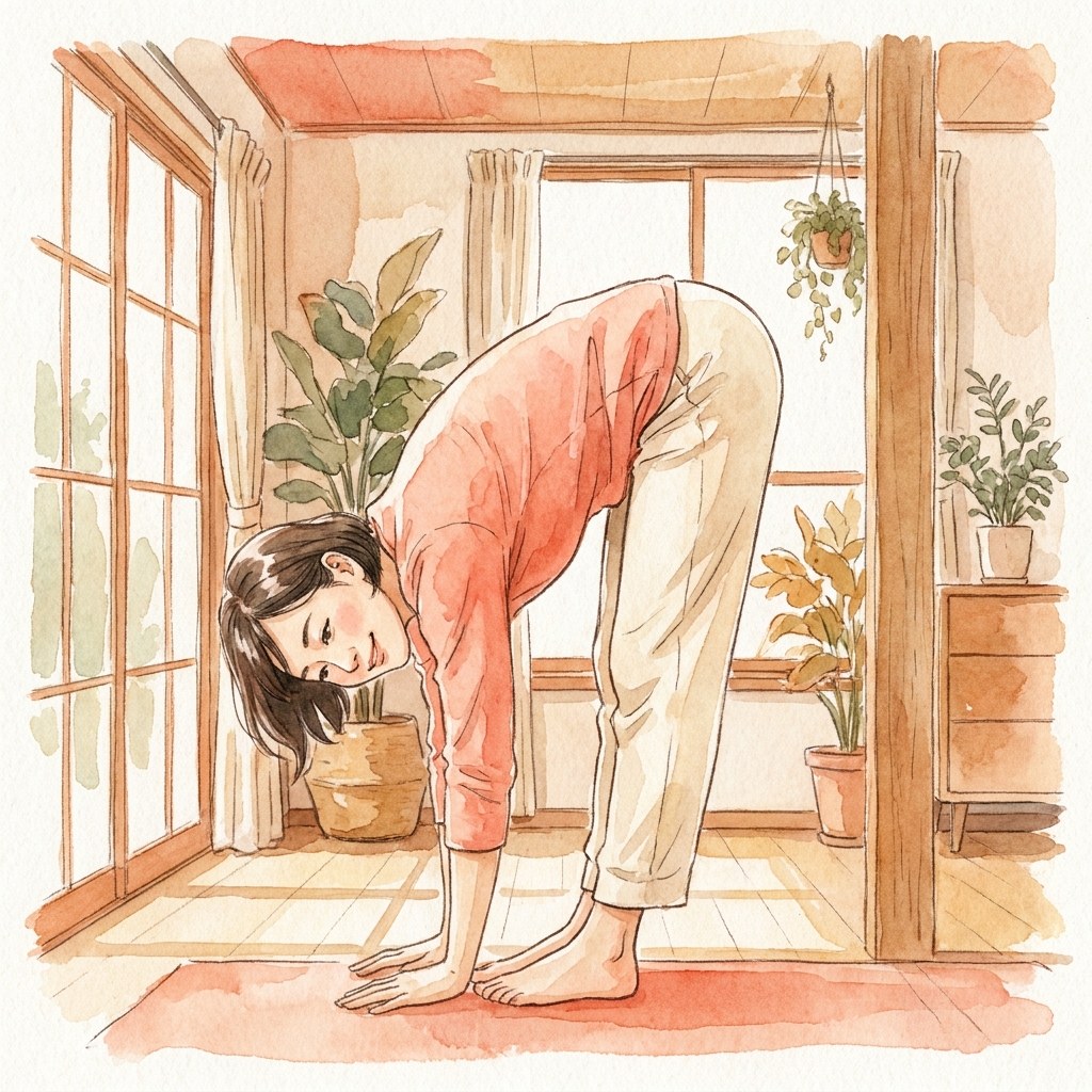 深く柔軟にストレッチする水彩イラスト