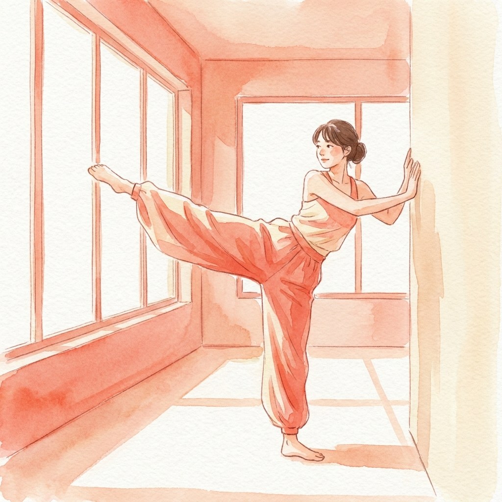 壁に手を添え脚を振るダイナミックストレッチの水彩イラスト