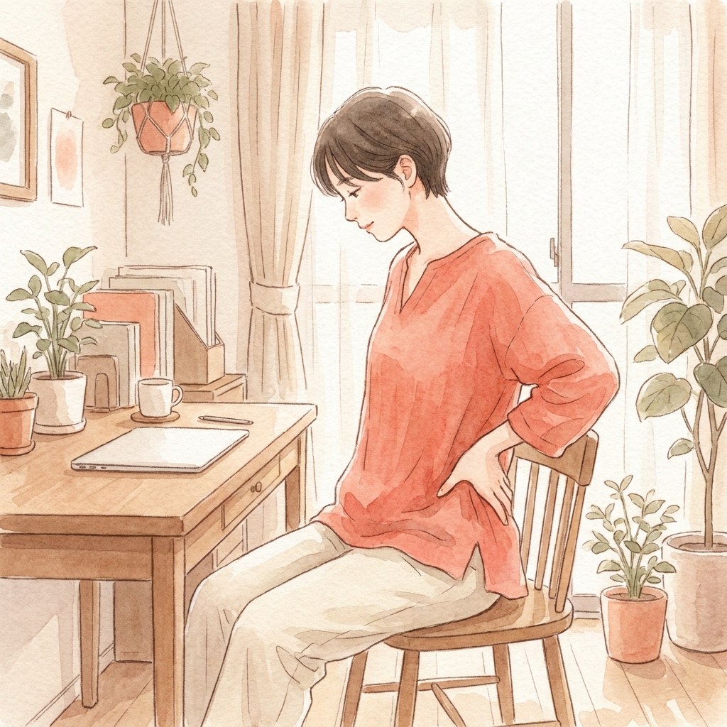 机から立ち上がって姿勢をリセットする人の水彩イラスト