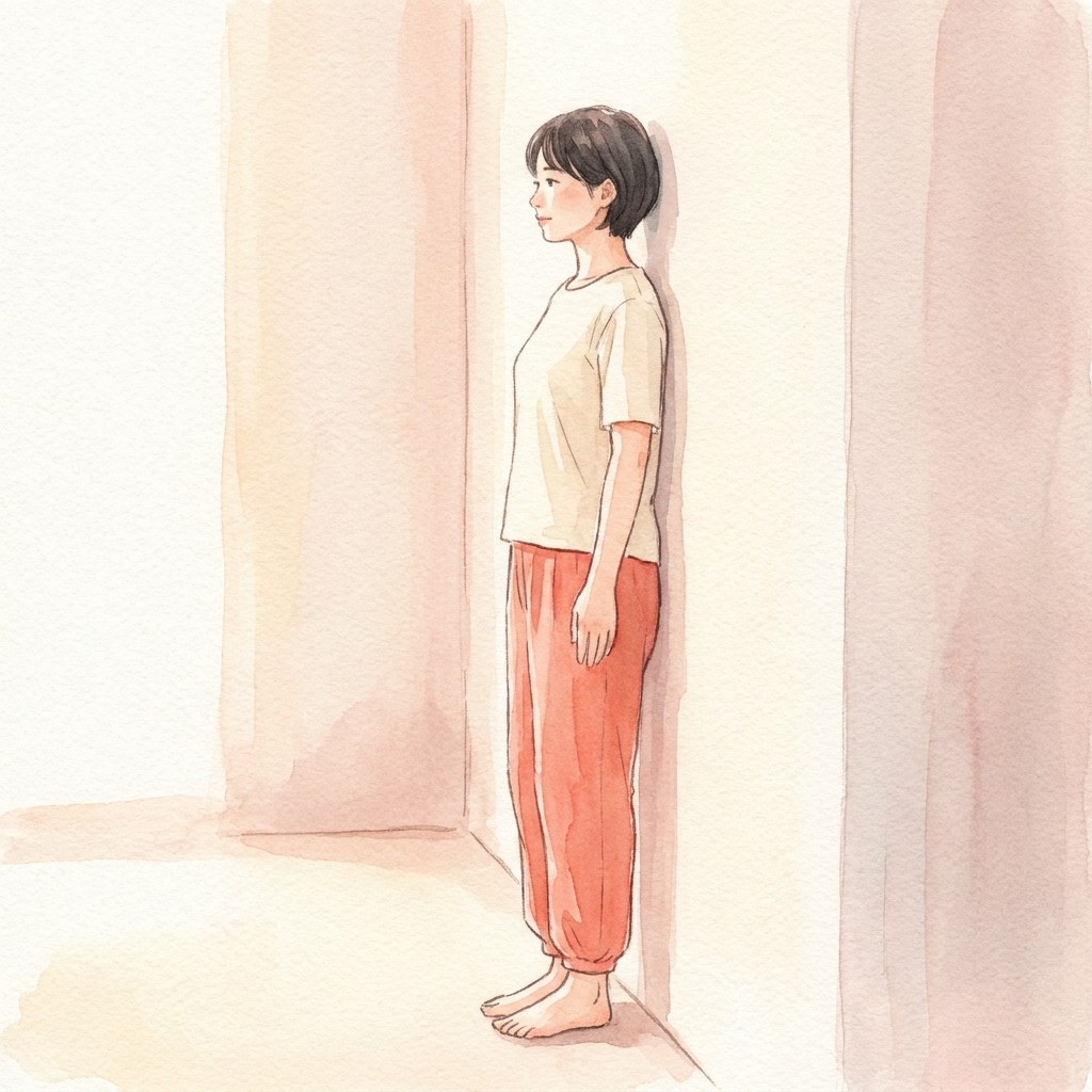 壁を背に立ち姿勢を確認する水彩イラスト
