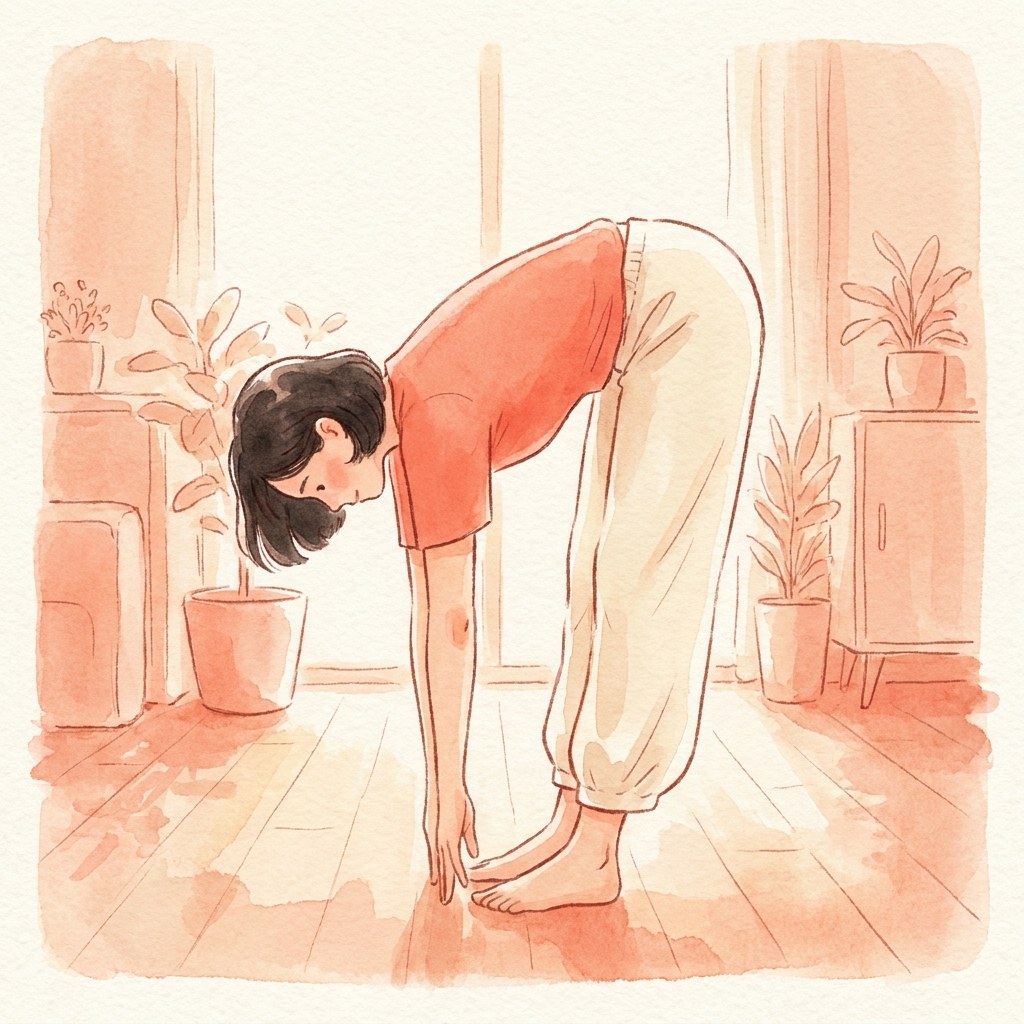 立ったまま前屈して柔軟性を確認する水彩イラスト
