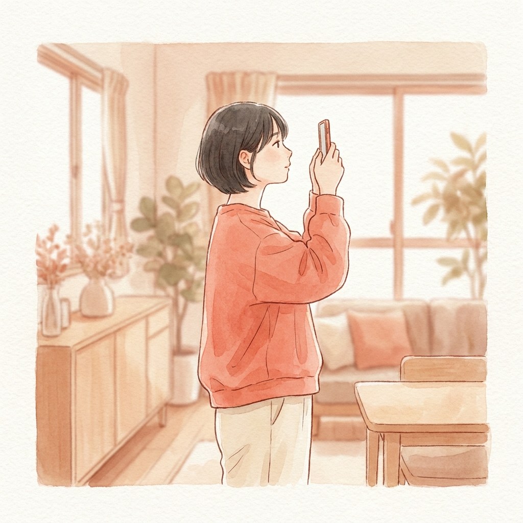 スマホを目の高さで持ち頭を肩の上に乗せた水彩イラスト