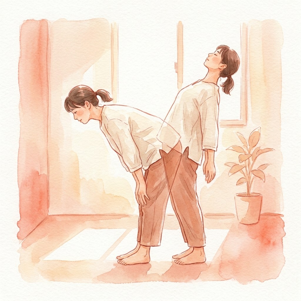 前屈と後屈で腰の動きを確認する水彩イラスト