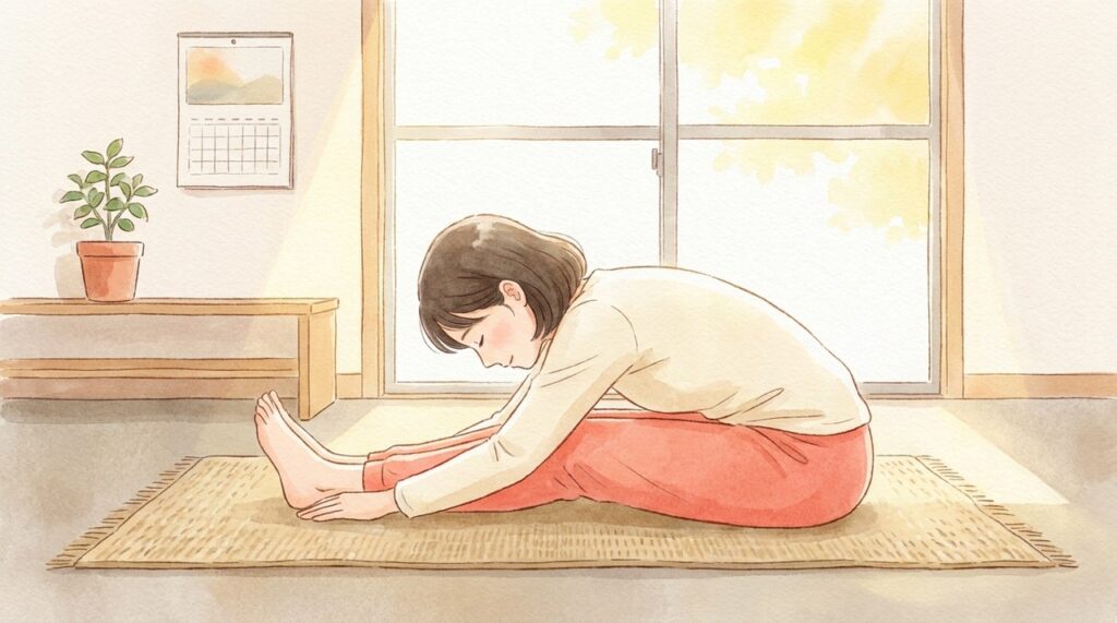床で前屈ストレッチをする人の水彩イラスト
