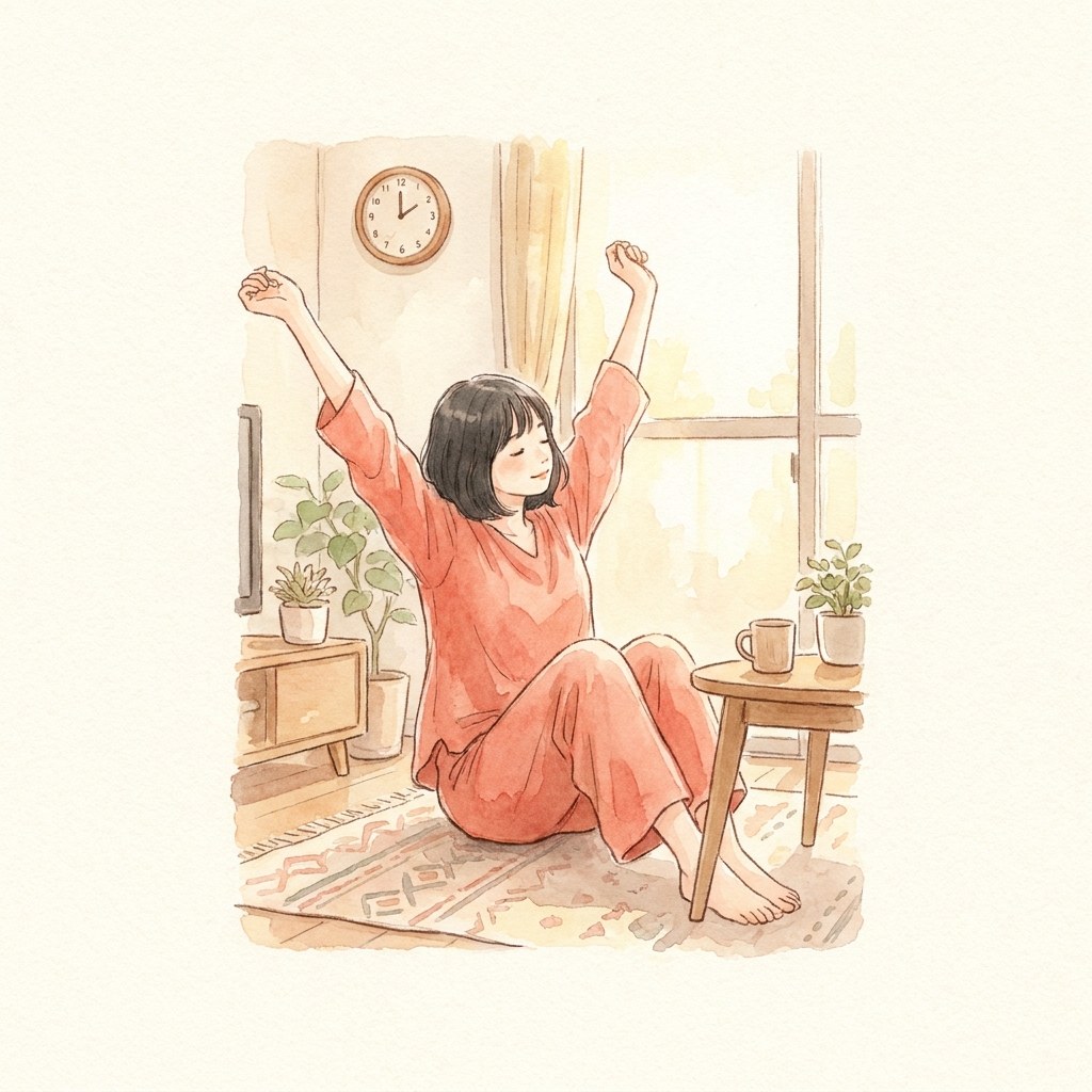 朝に短くストレッチをする水彩イラスト