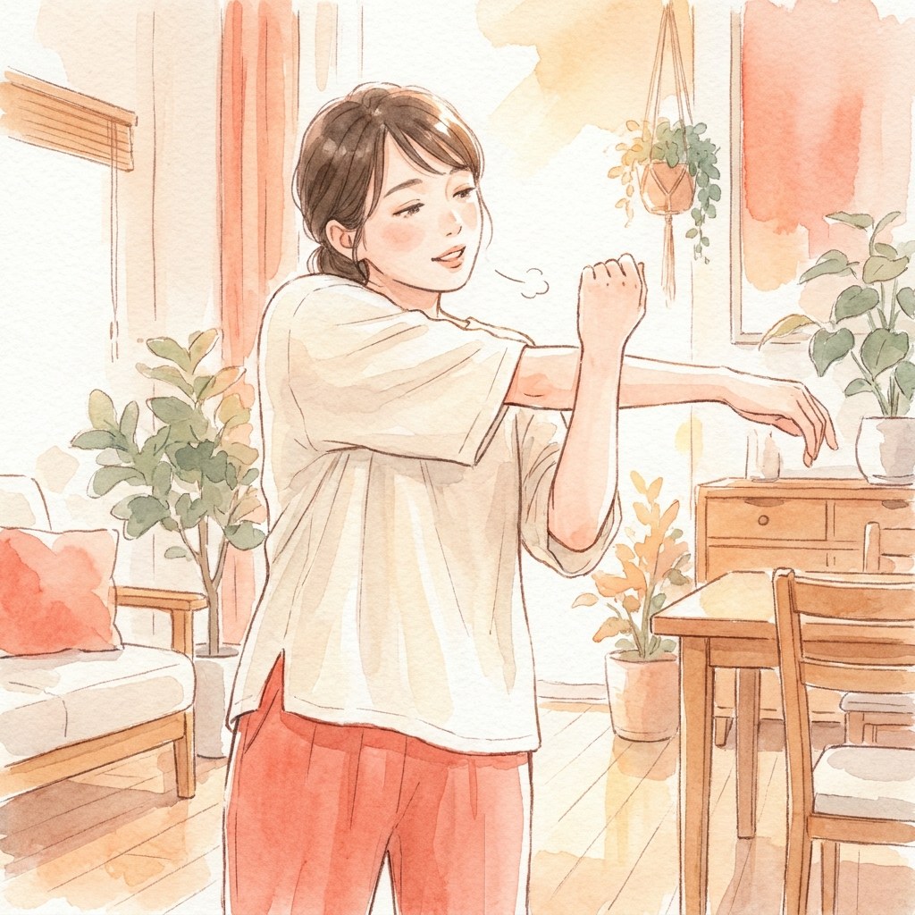 ゆっくり息を吐きながら腕を伸ばす水彩イラスト