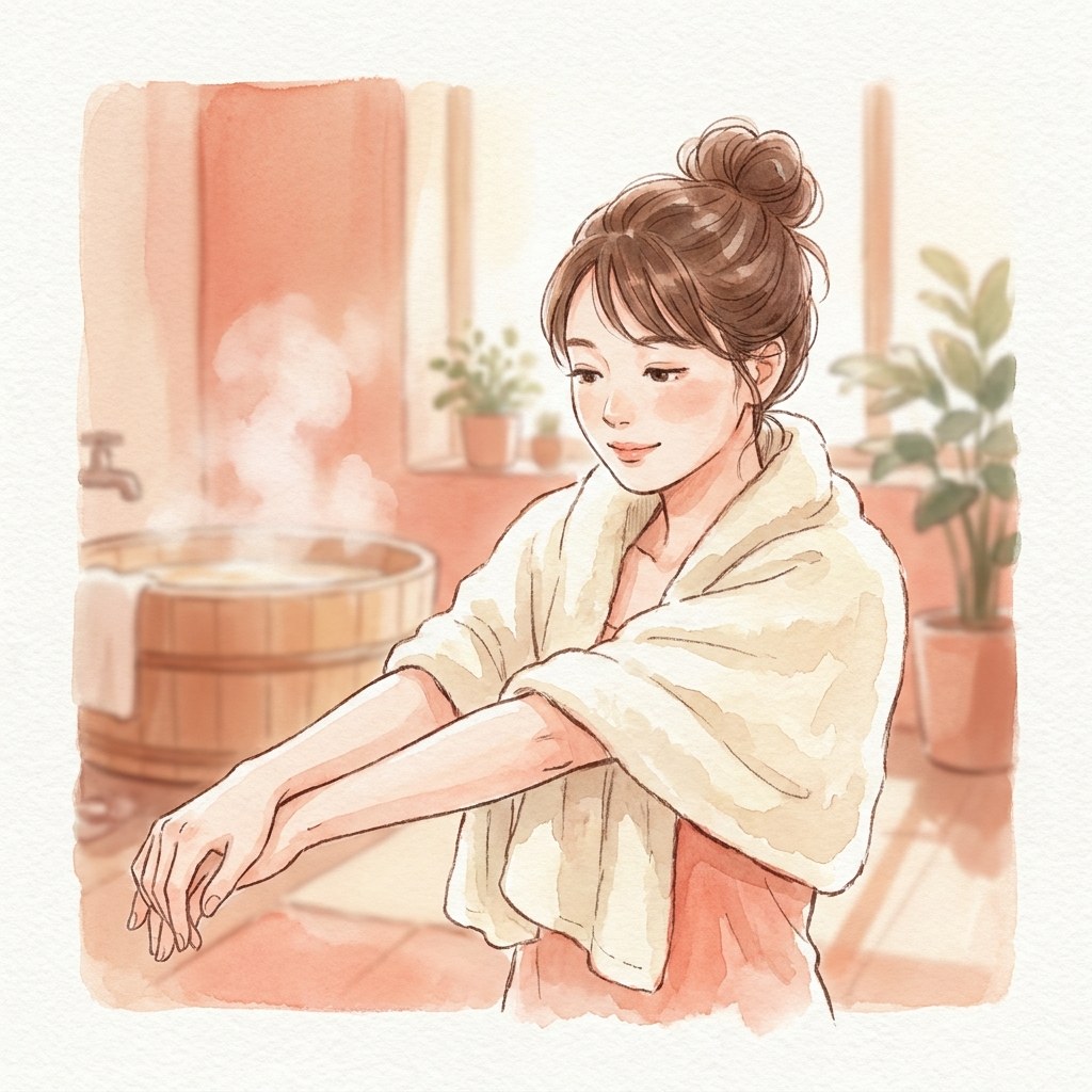 入浴後にストレッチをする水彩イラスト