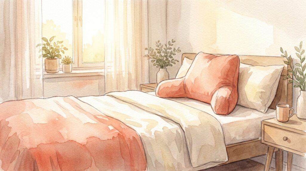 明るい寝室のベッドと枕の水彩イラスト