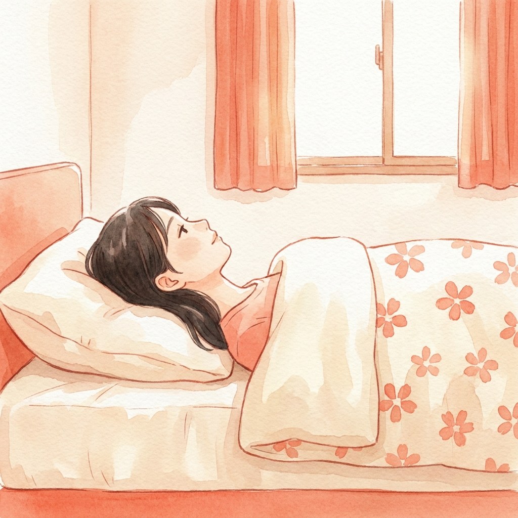 あお向けで頭・首・背骨が一直線になる寝姿勢の水彩イラスト