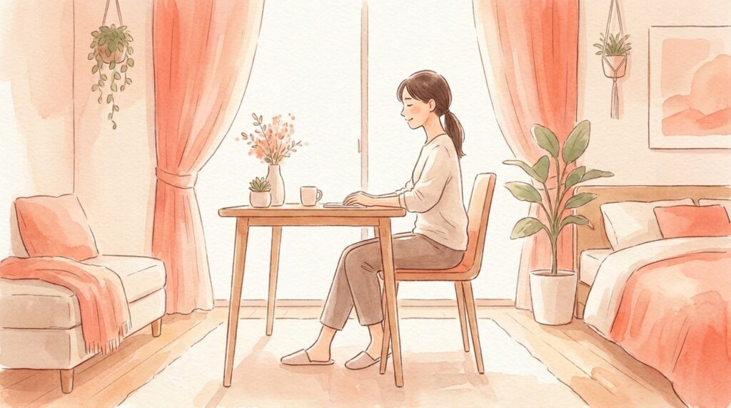 机で姿勢を整えて座る人の水彩イラスト