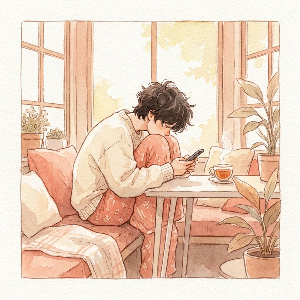スマホを見て頭が前に出た前かがみ姿勢の水彩イラスト