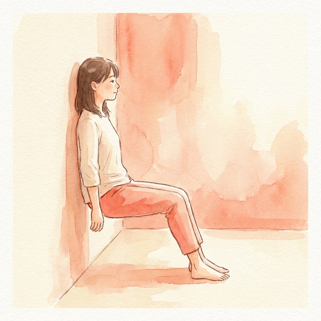 壁を背にして立ち姿勢を確認する水彩イラスト