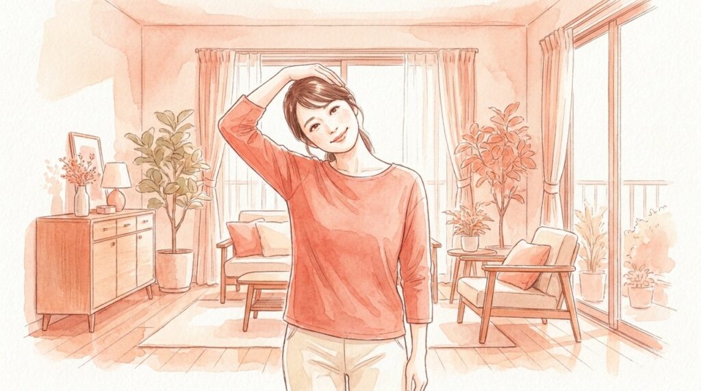 頭に手を添えて首を横に伸ばす人の水彩イラスト