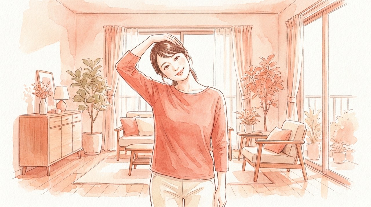 頭に手を添えて首を横に伸ばす人の水彩イラスト