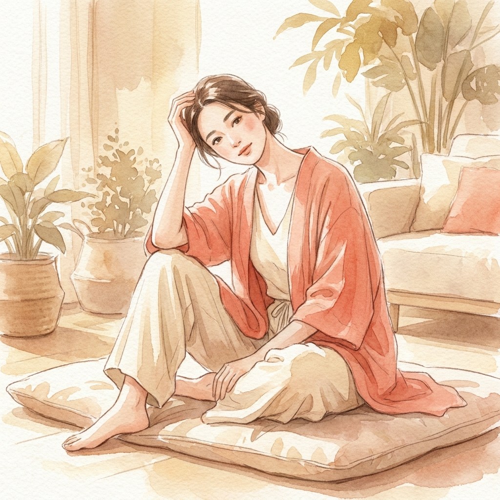 頭を横に倒して首すじを伸ばす水彩イラスト
