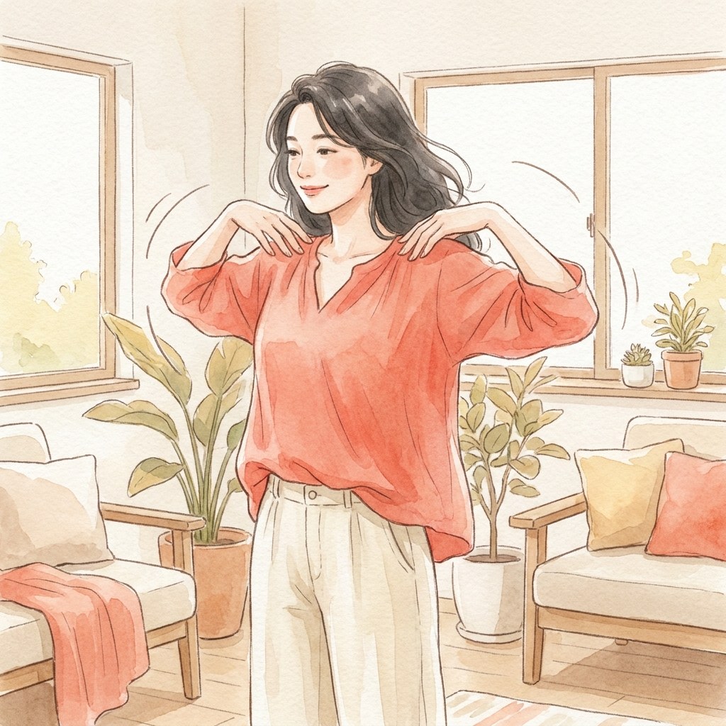 肩を大きく回して肩甲骨を動かす水彩イラスト