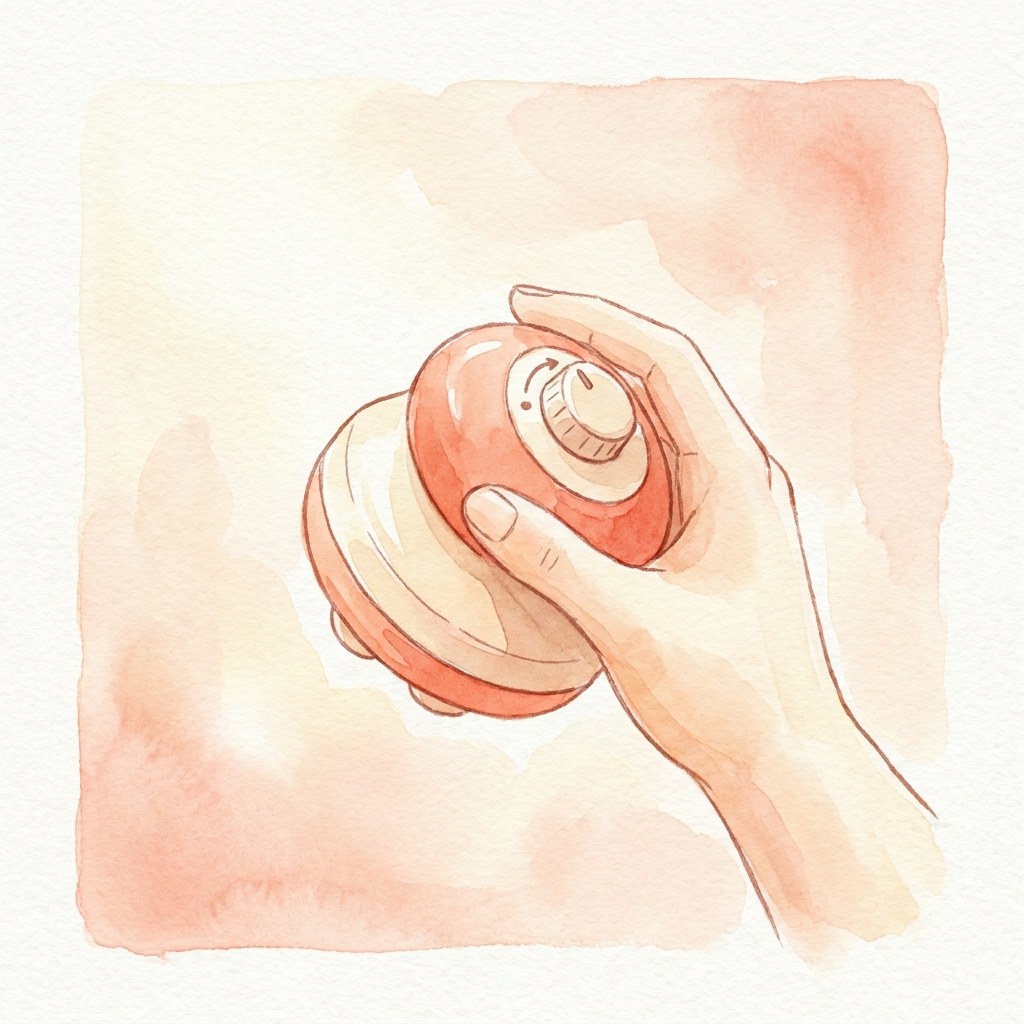 強さ調整ダイヤル付きのハンディマッサージ器を持つ手の水彩イラスト