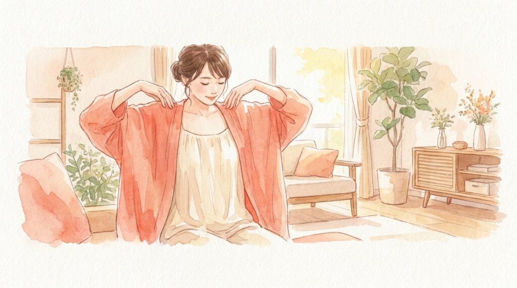 肩に手を添えて肩甲骨を動かす人の水彩イラスト