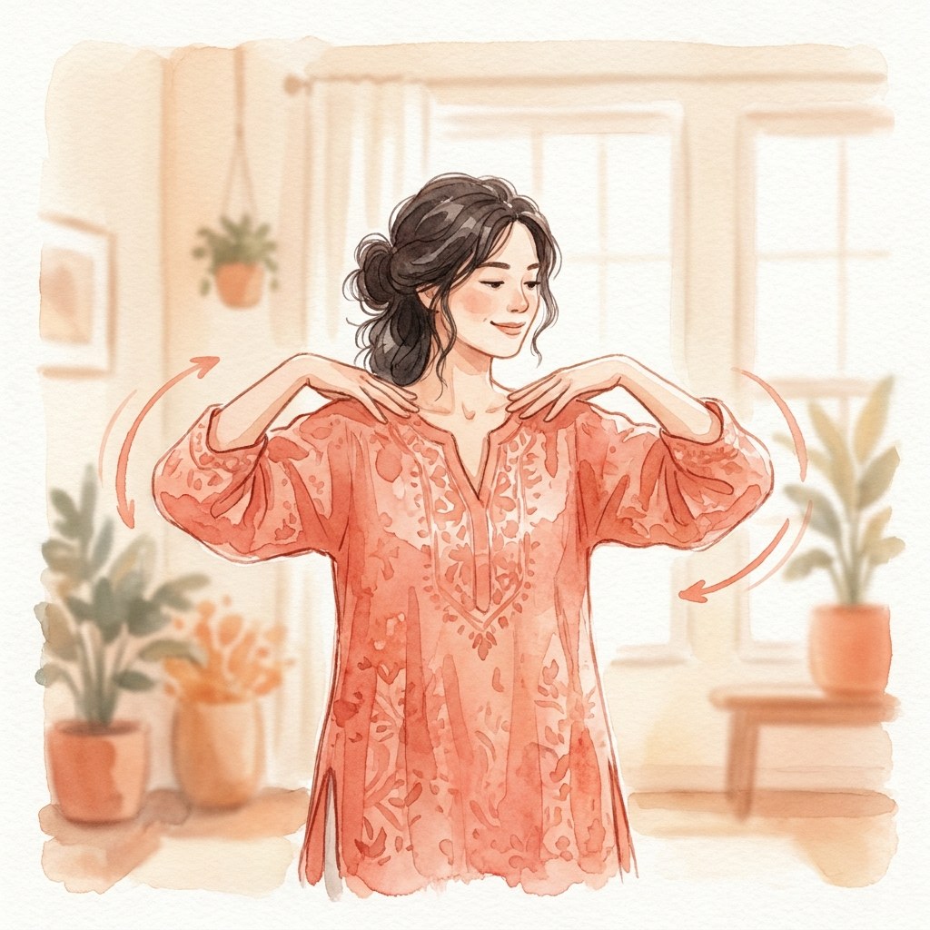両手を肩に添えひじで円を描く肩回しの水彩イラスト