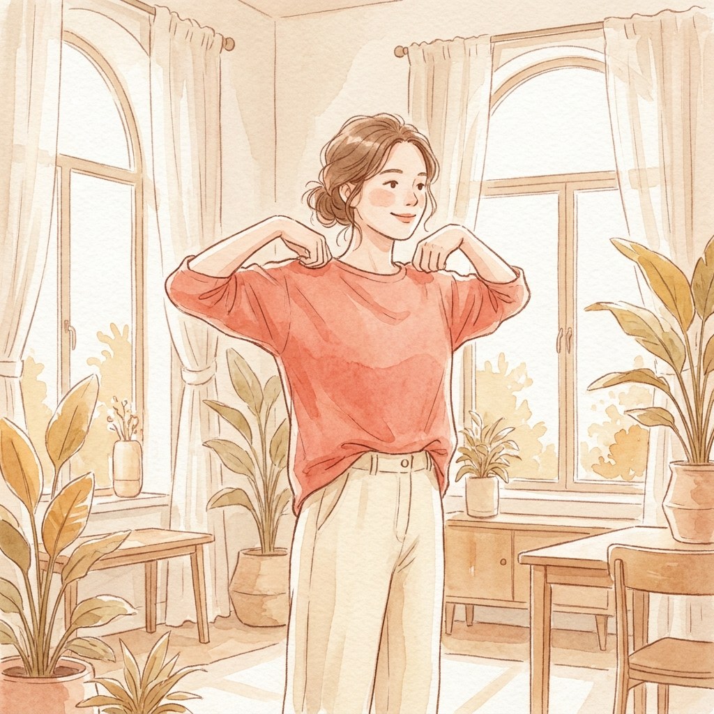 両ひじを後ろに引き肩甲骨を寄せる水彩イラスト