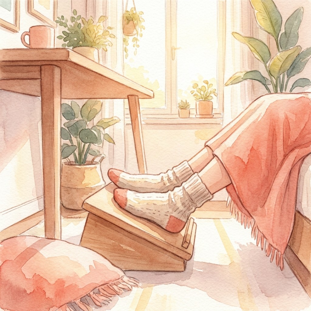 机の下のフットレストに足を乗せる水彩イラスト