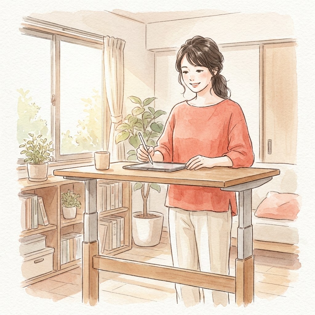 昇降デスクで立って作業する人の水彩イラスト