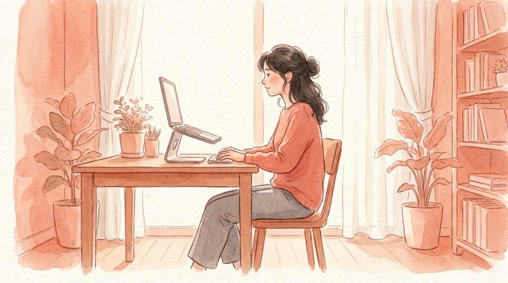 スタンドで高くしたPCに向かい姿勢よく座る人の水彩イラスト