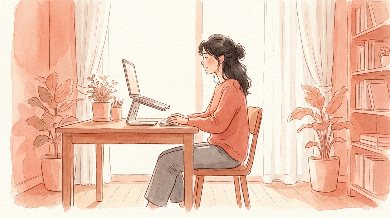 スタンドで高くしたPCに向かい姿勢よく座る人の水彩イラスト