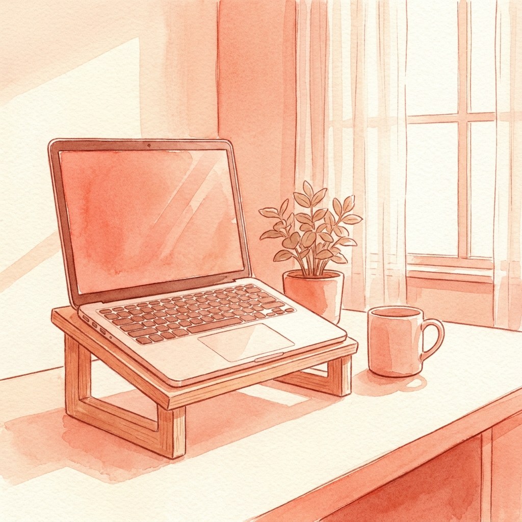 スタンドで目の高さに上げたノートPCの水彩イラスト