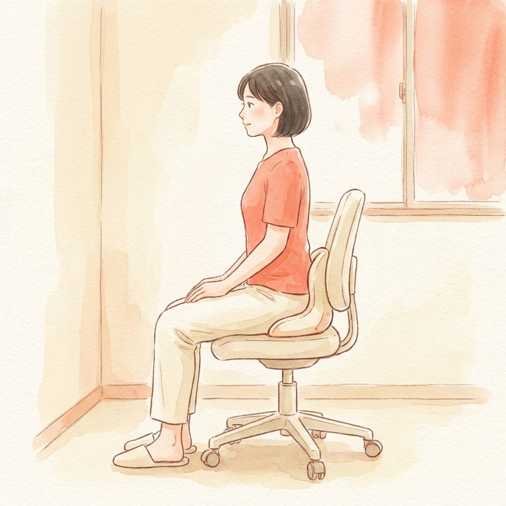 骨盤サポートクッションに座る人の横向き水彩イラスト