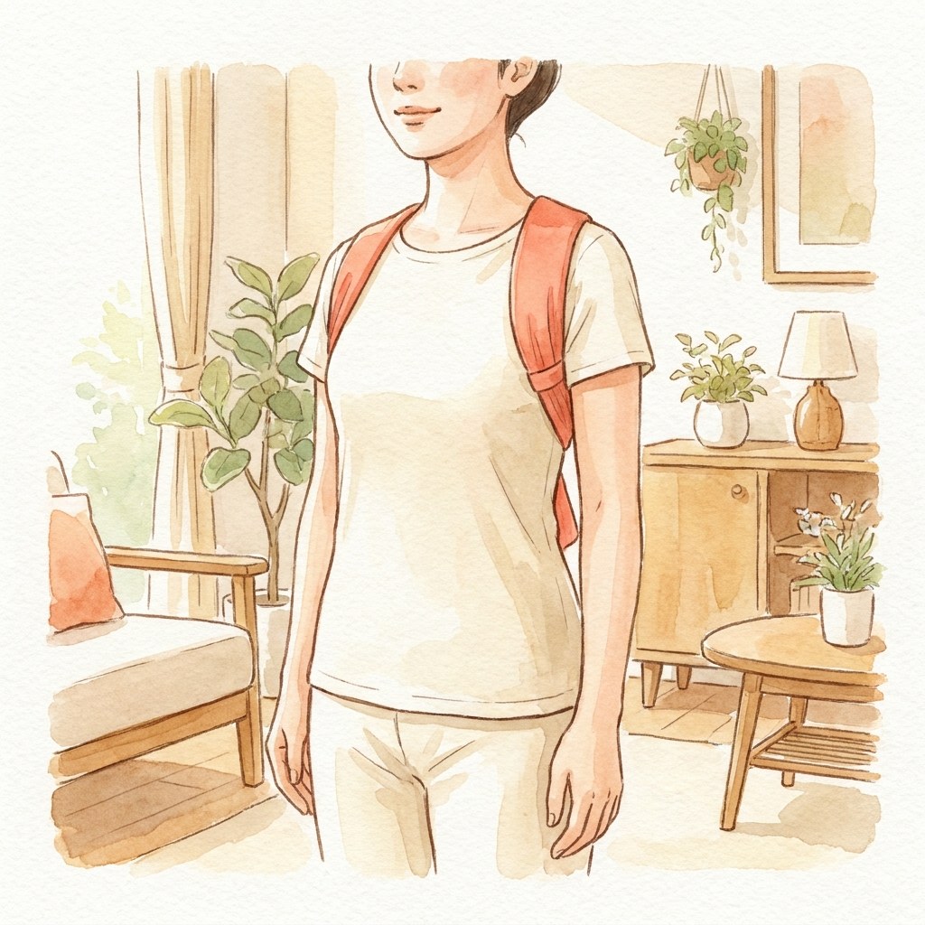 姿勢サポーターを肩にかけた人の水彩イラスト
