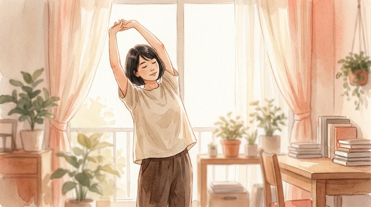 オフィスで立ち上がって伸びをする人の水彩イラスト