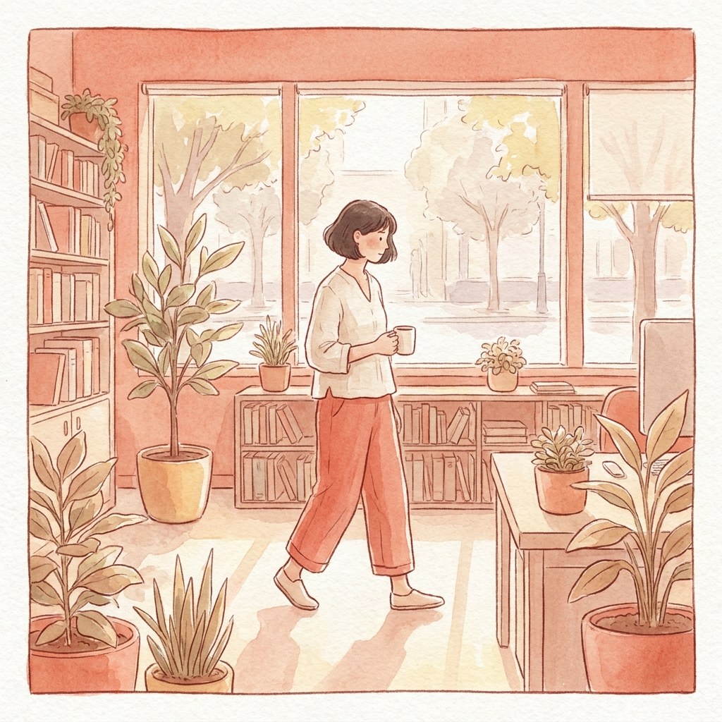 オフィスでカップを持って歩く人の水彩イラスト