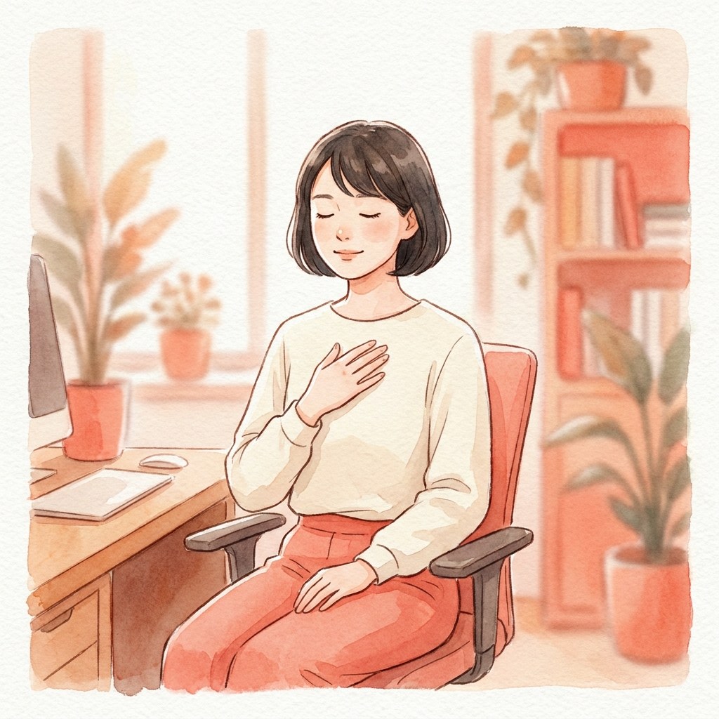 机で目を閉じて深呼吸する人の水彩イラスト