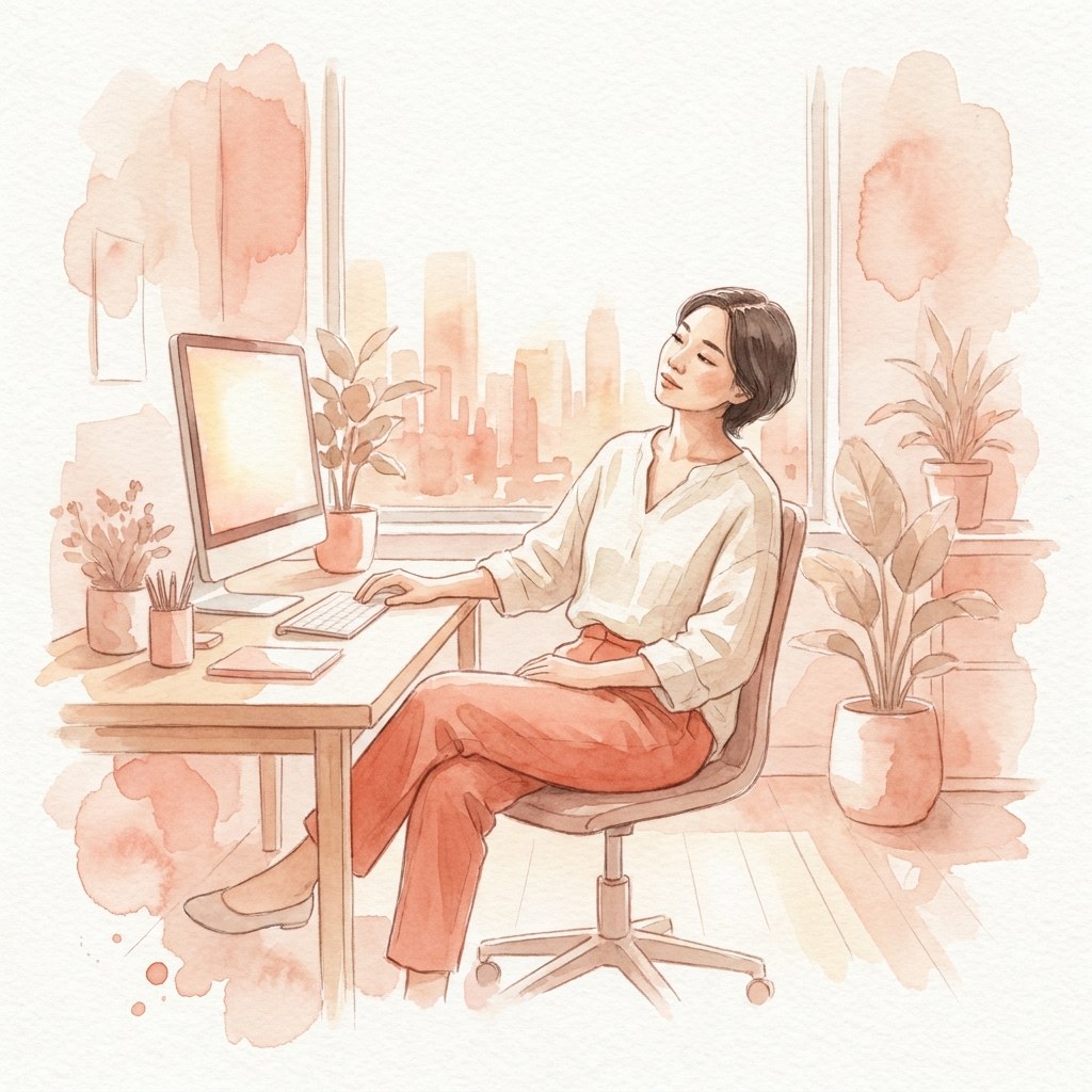 画面から目を離して遠くの窓を見る人の水彩イラスト