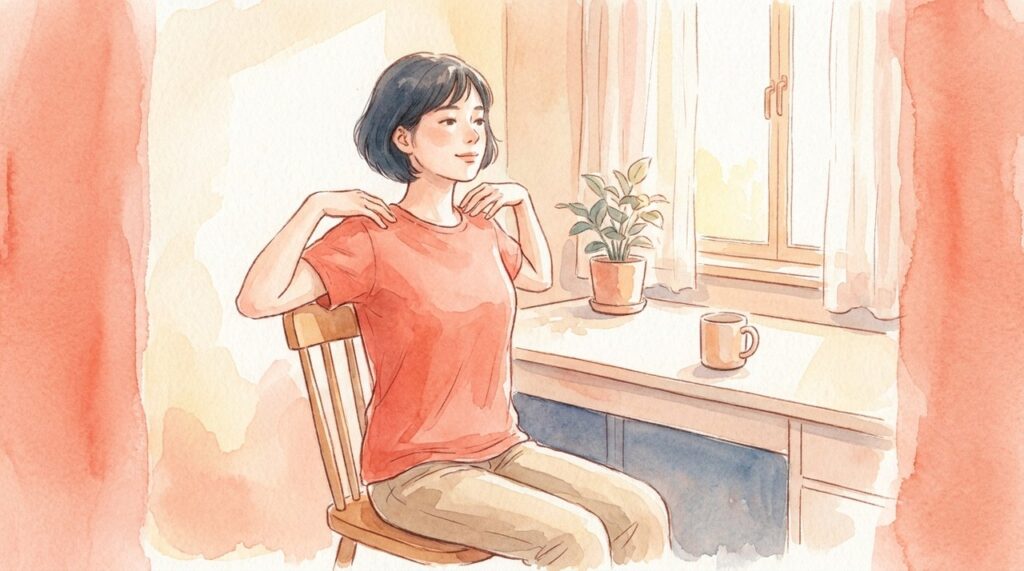 机で胸を開き肩甲骨を寄せる人の水彩イラスト