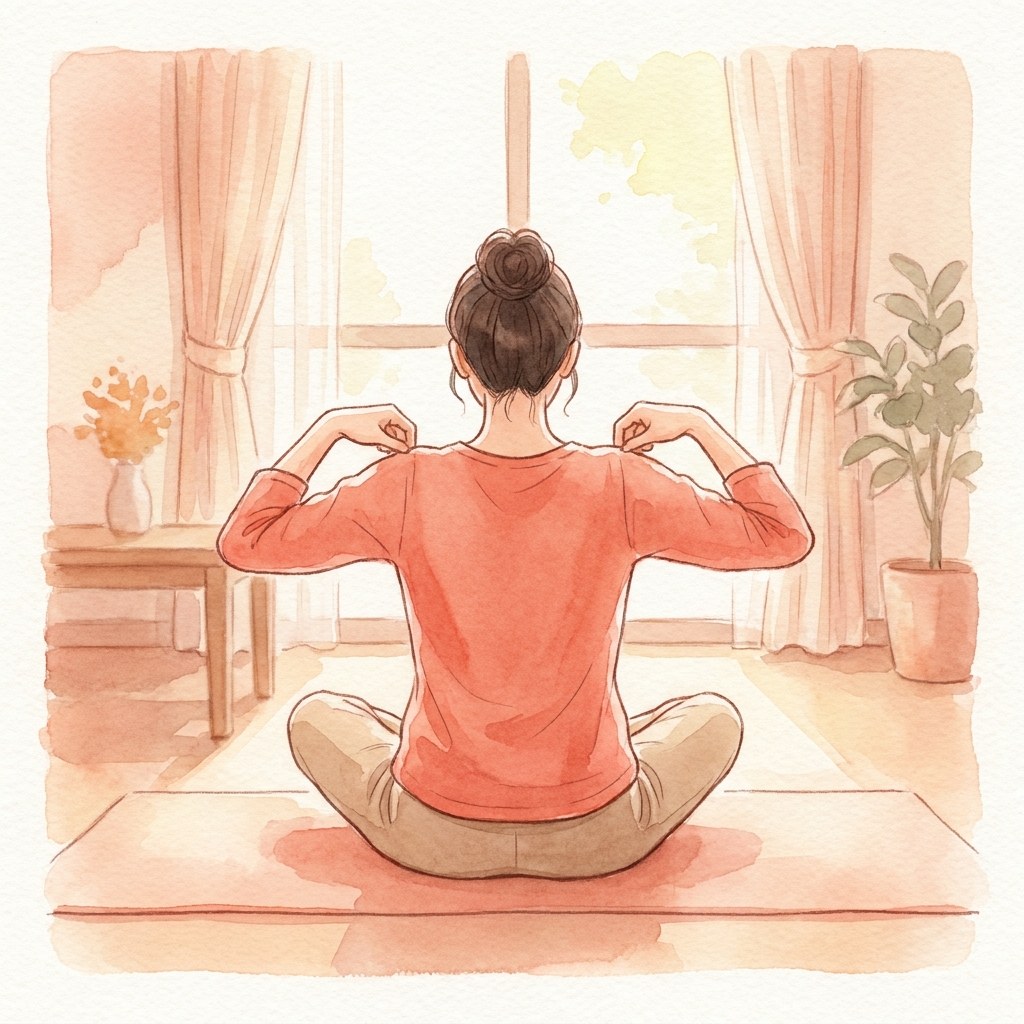 両ひじを後ろに引き肩甲骨を寄せる後ろ姿の水彩イラスト