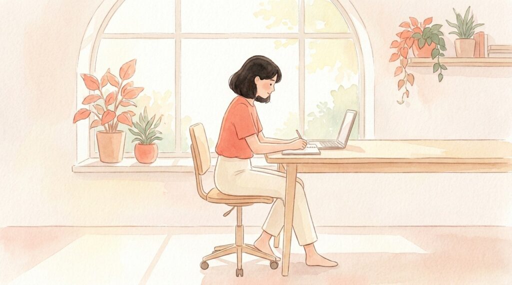 背もたれから離れて骨盤を立てて座る人の水彩イラスト