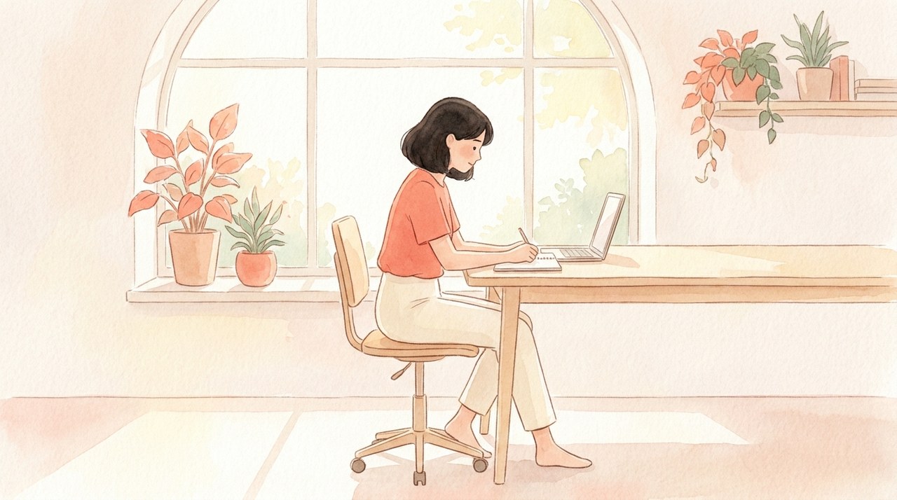 背もたれから離れて骨盤を立てて座る人の水彩イラスト