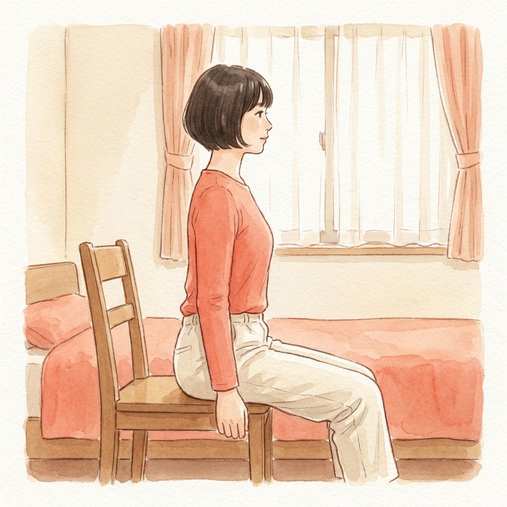 椅子の前側に骨盤を立てて座る横向きの水彩イラスト